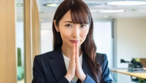 オフィスで祈りのポーズをする若い女性（スーツ）