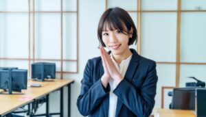 オフィスで手を合わせる若い女性（スーツ）