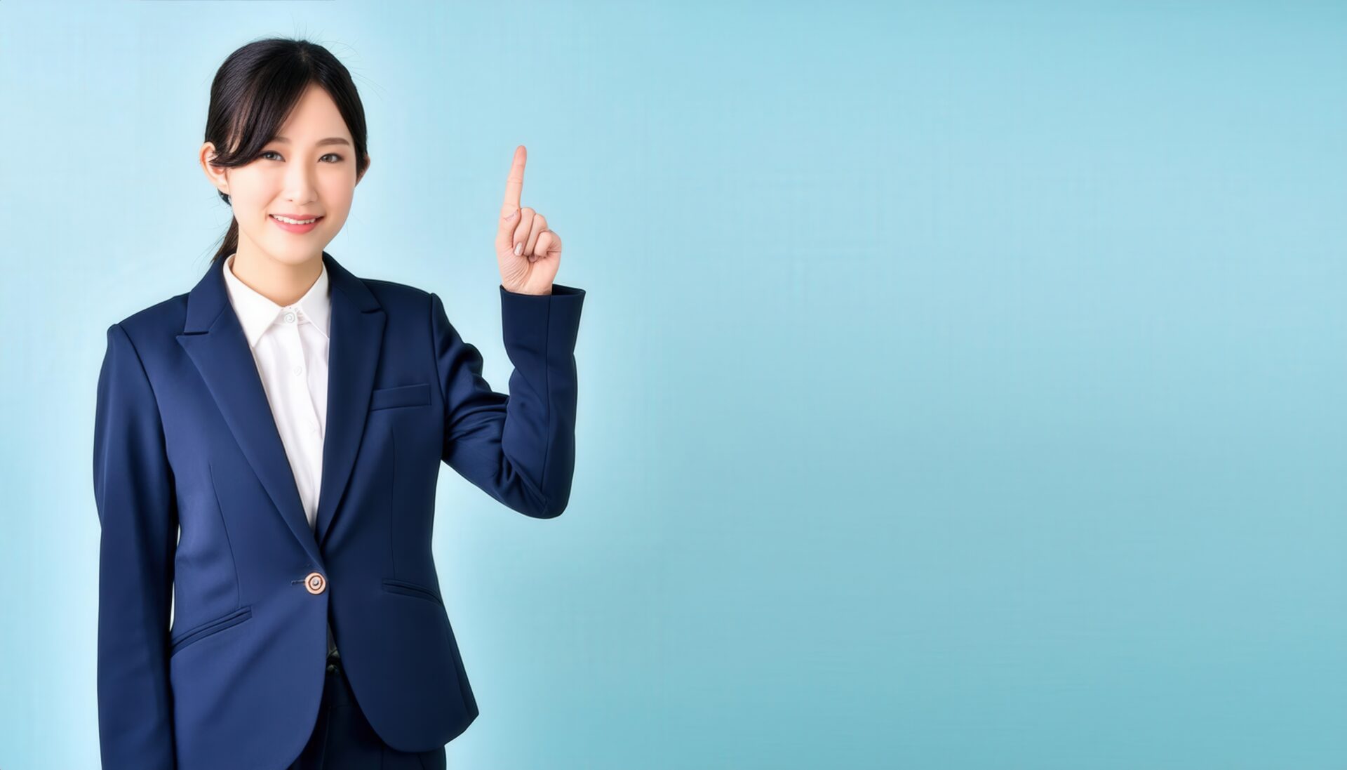 水色背景で人差し指を立てる笑顔の若い女性