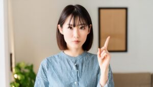 室内で人差し指を立てる若い女性