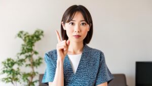 室内で人差し指を立てる若い女性（ドット柄トップス）