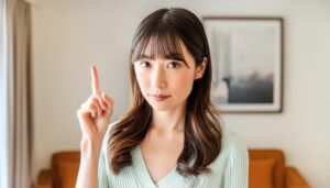 室内で人差し指を立てる若い女性（ライトグリーンのニット）