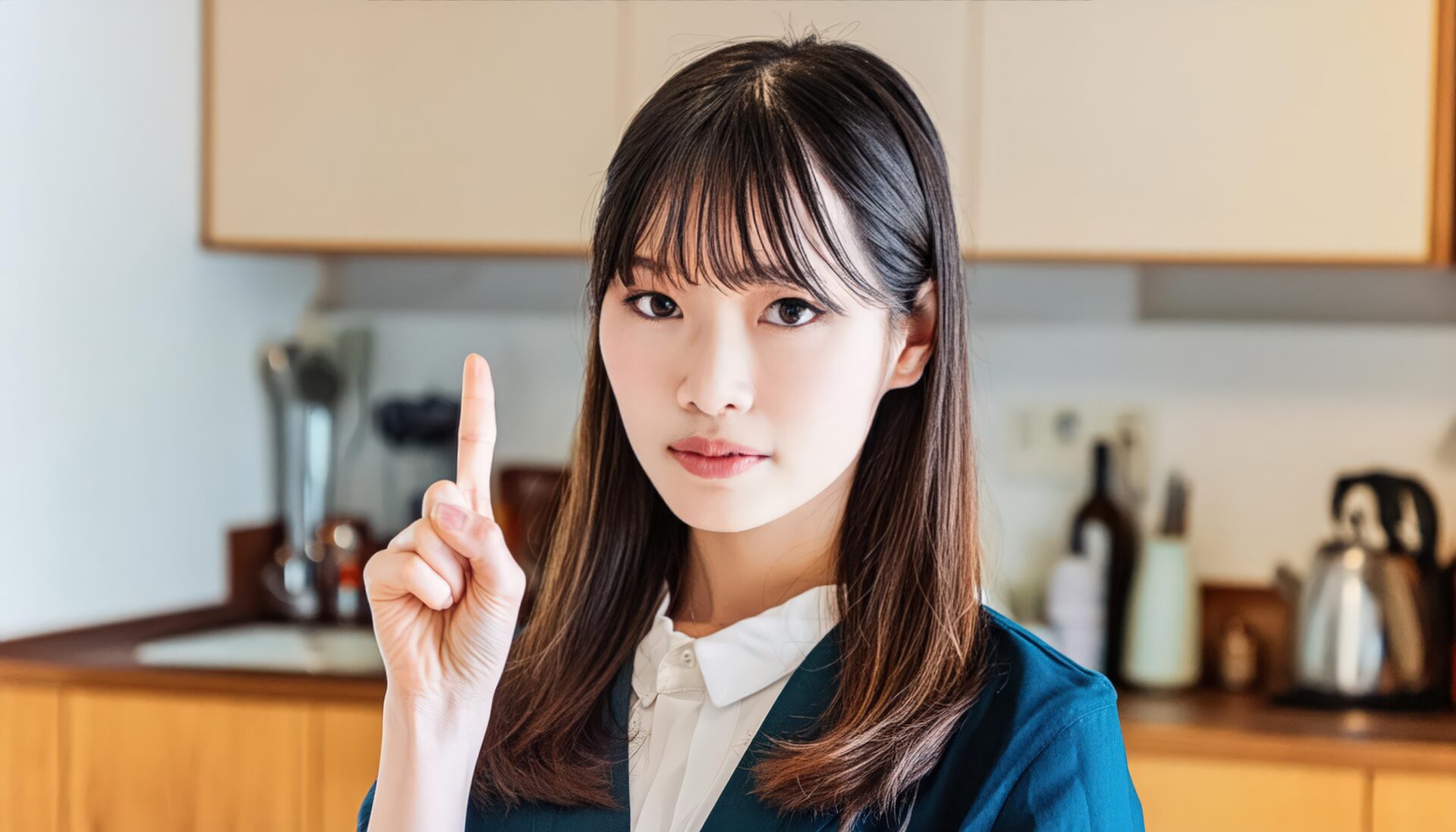 室内のキッチンで人差し指を立てる若い女性（ビジネススーツ）