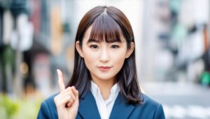 街中で人差し指を立てる若い女性（ビジネススーツ）