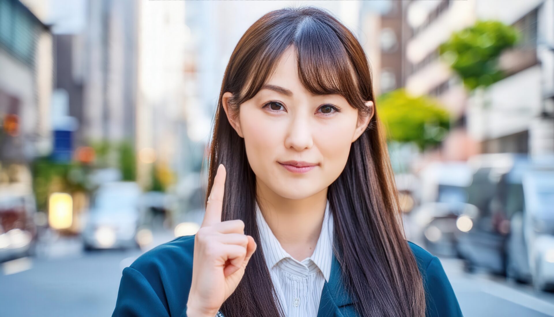 街中で人差し指を立てる若い女性（スーツスタイル）