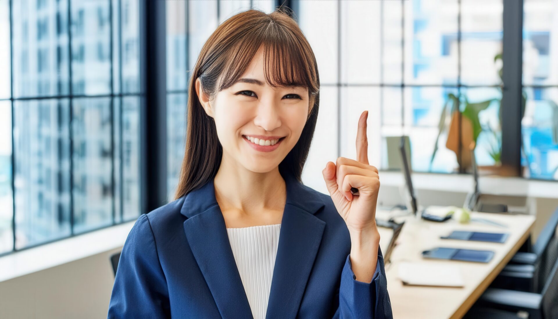 オフィスで人差し指を立てる笑顔の若い女性