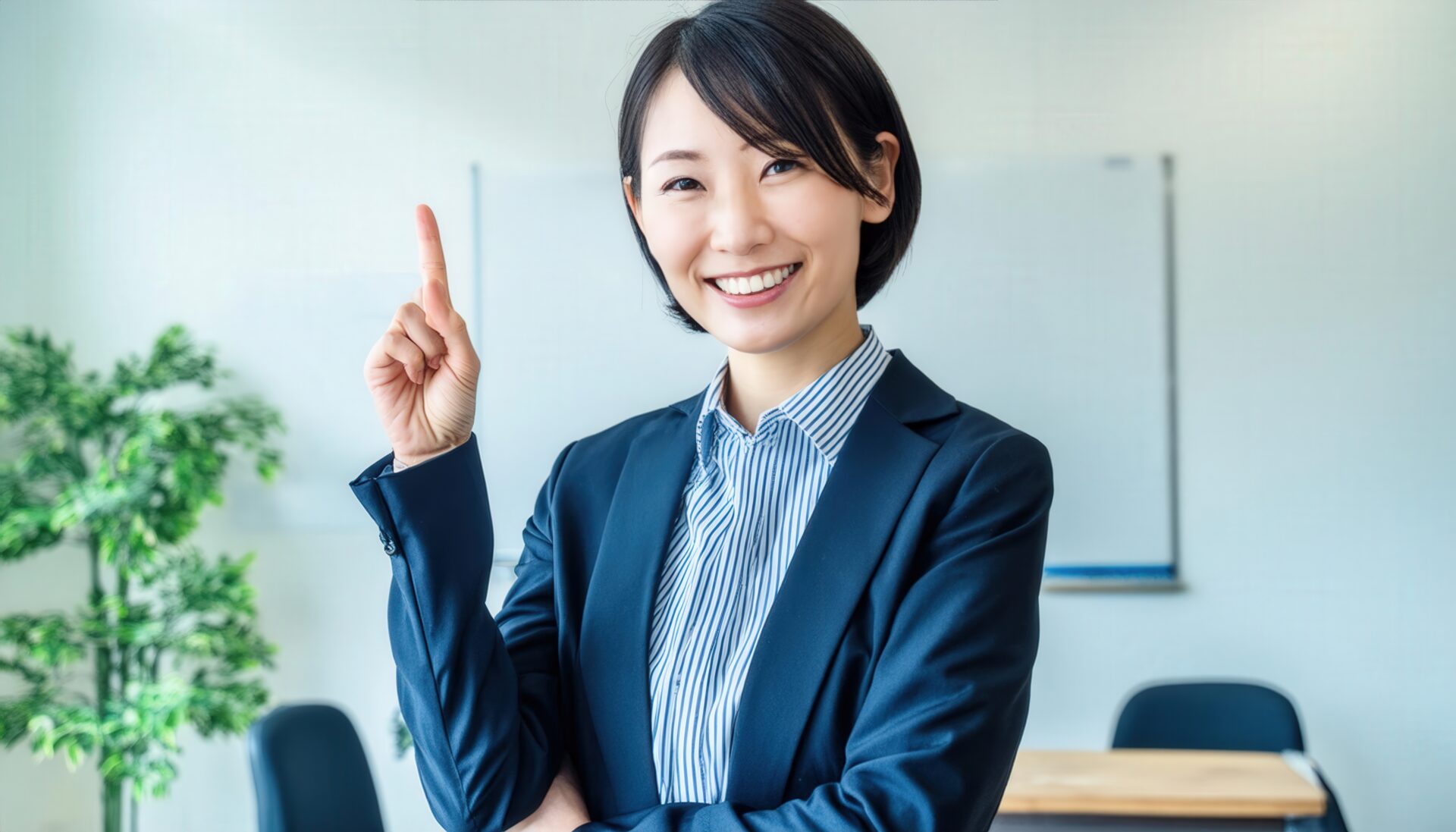 会議室で人差し指を立てる笑顔の若い女性