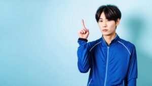 水色背景で人差し指を立てる若い男性（スポーツジャケット）