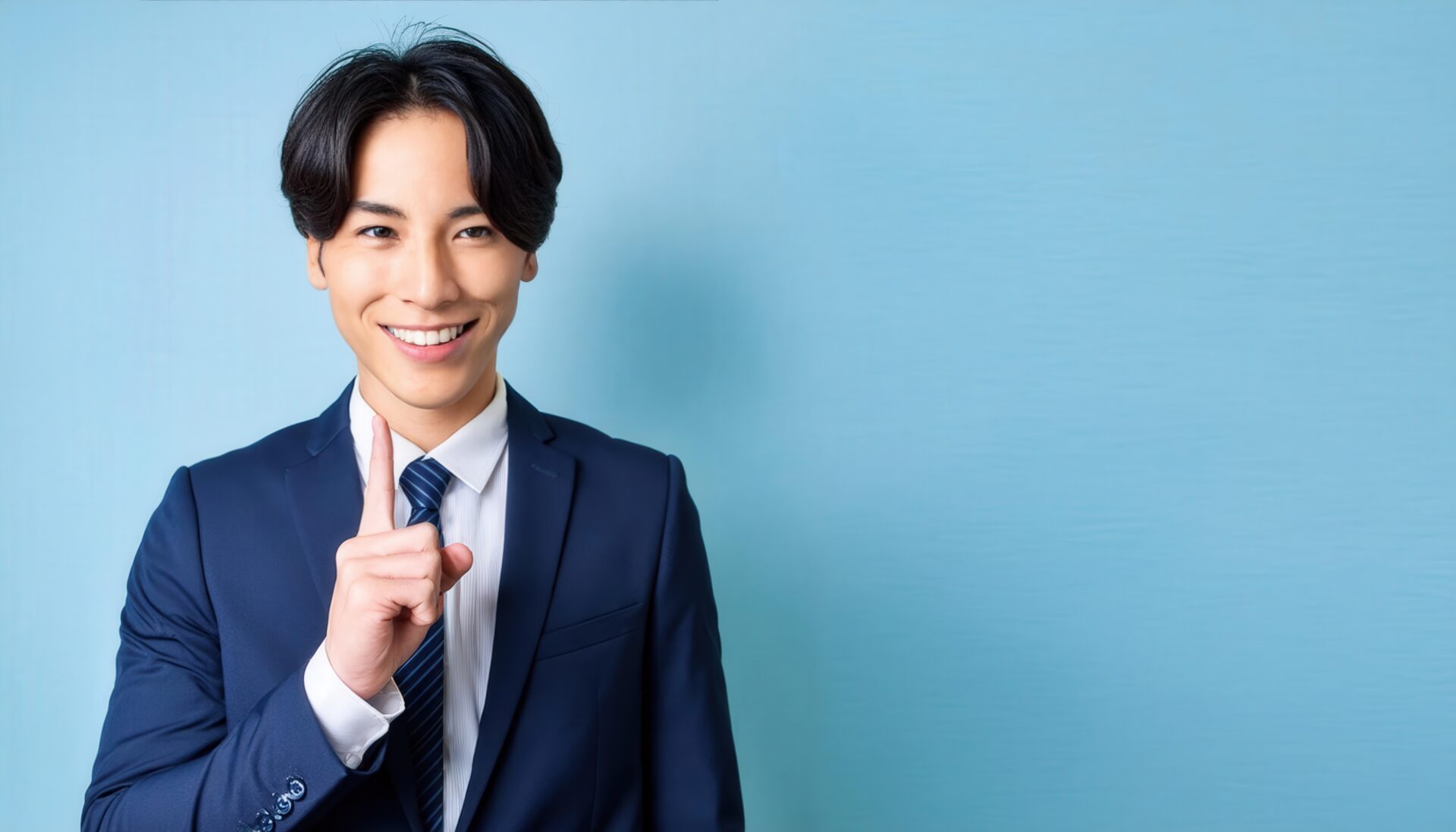 水色背景で人差し指を立てる笑顔の若い男性（スーツスタイル）