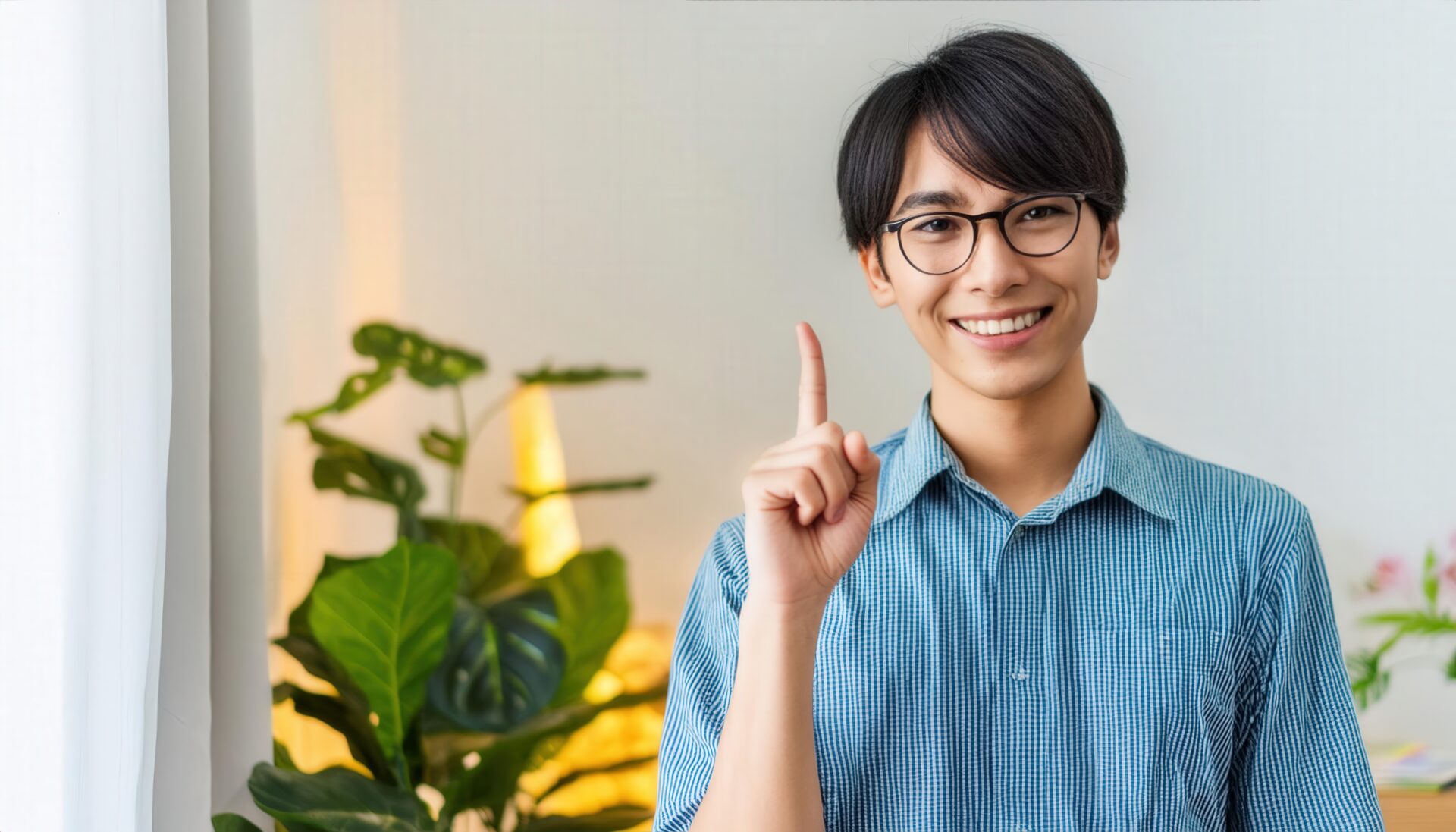メガネをかけた若い人が指をさす