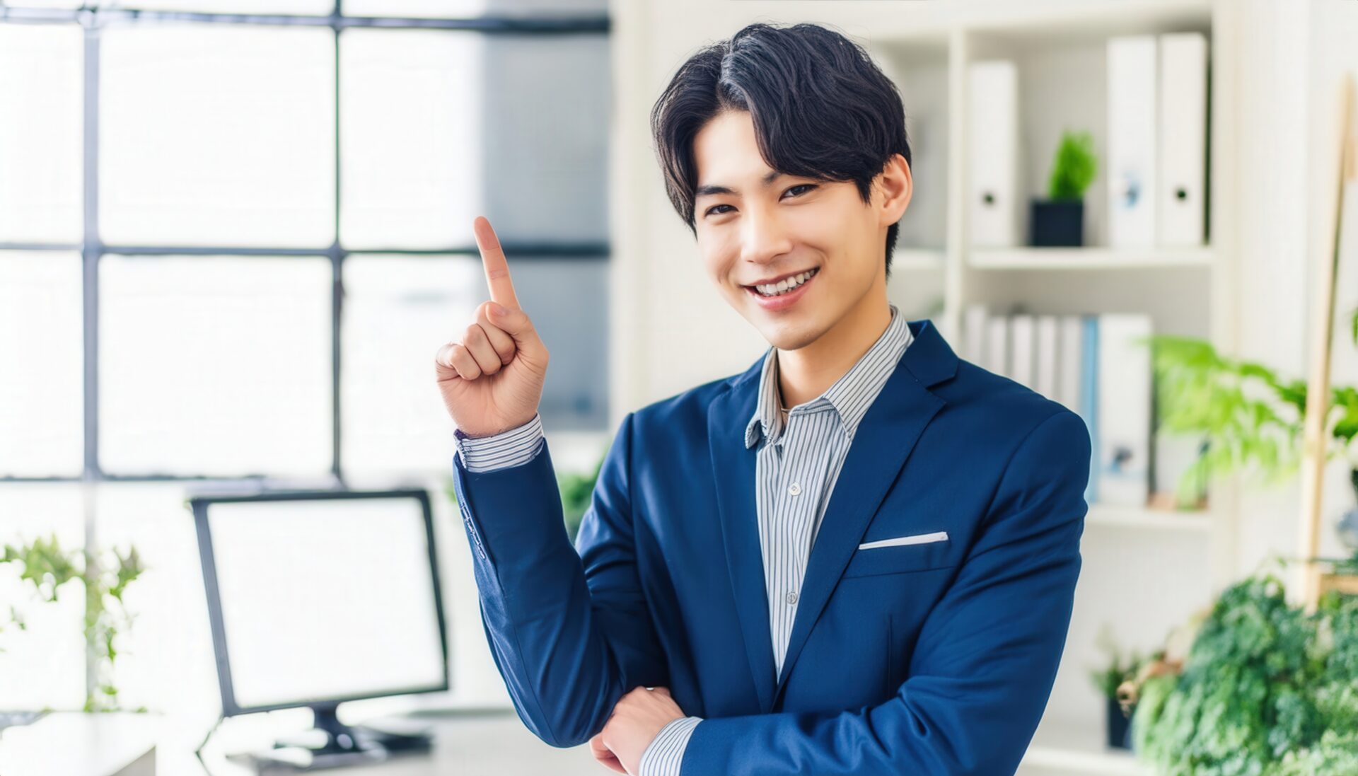 ビジネススーツ姿の若い人が指をさす