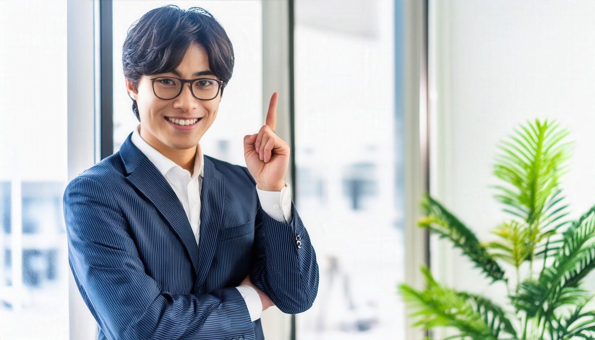 メガネをかけたスーツ姿の若い人が指をさす