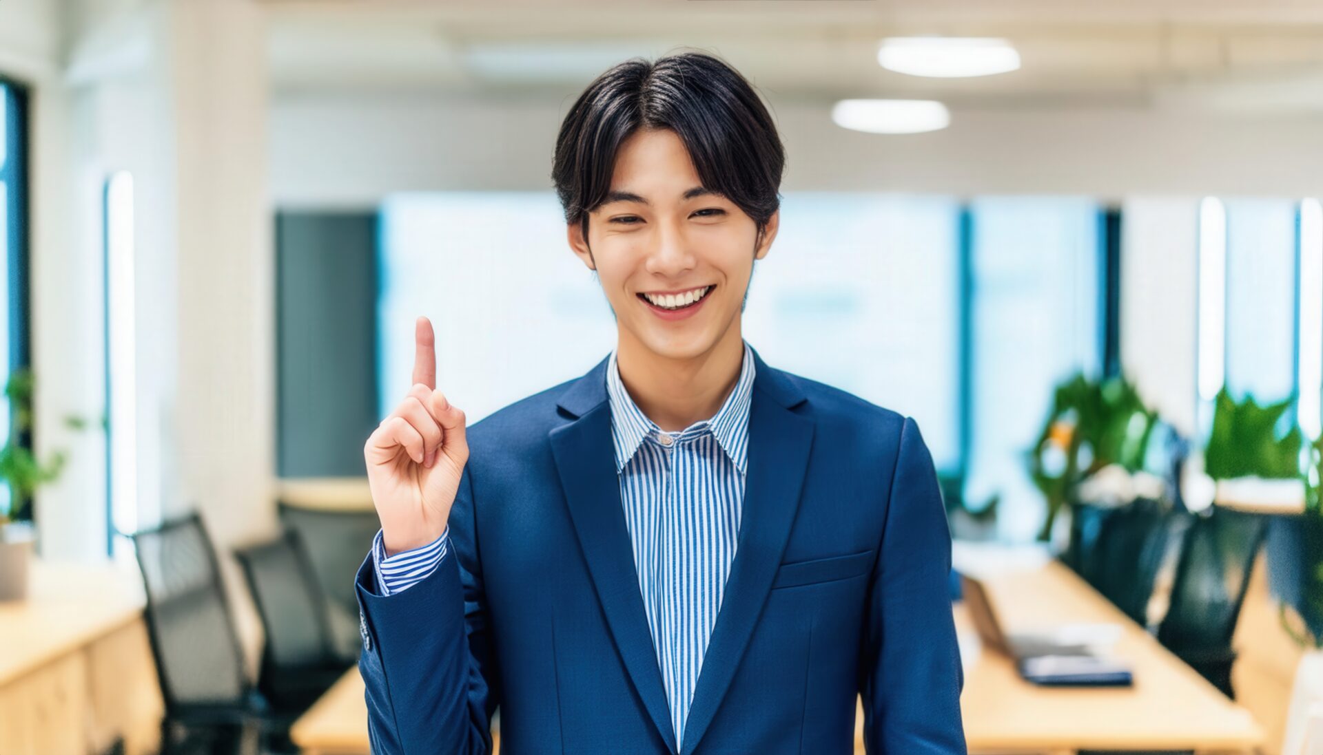 オフィスでスーツ姿の若い人が指をさす