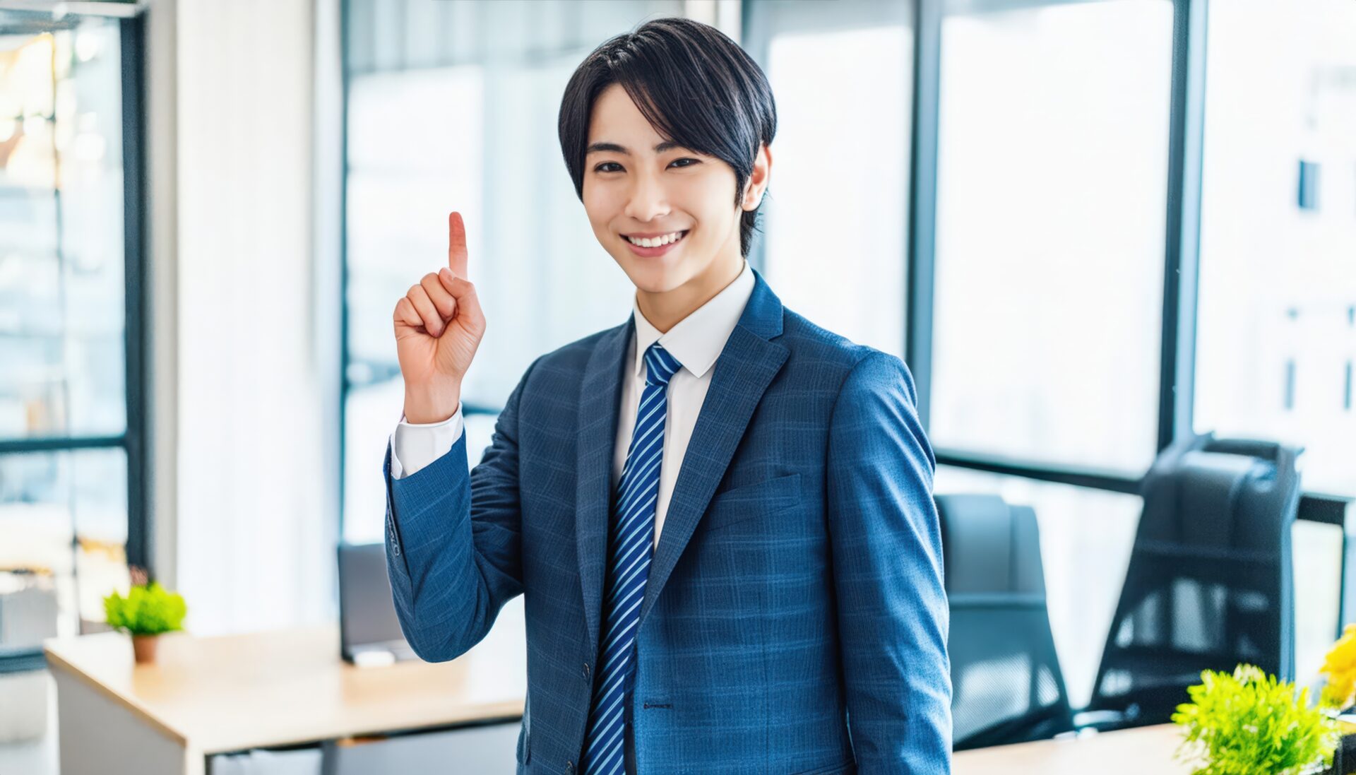 ネクタイを締めたスーツ姿の若い人が指をさす