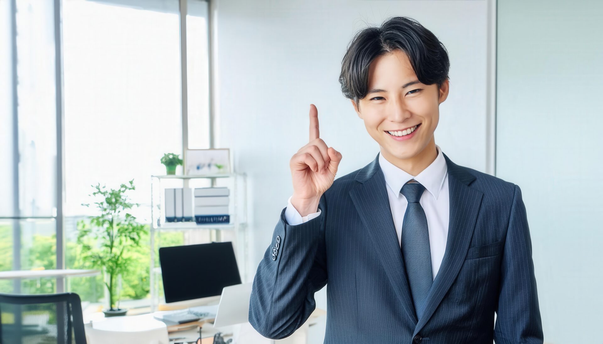 グレーのスーツを着た若い人が指をさす