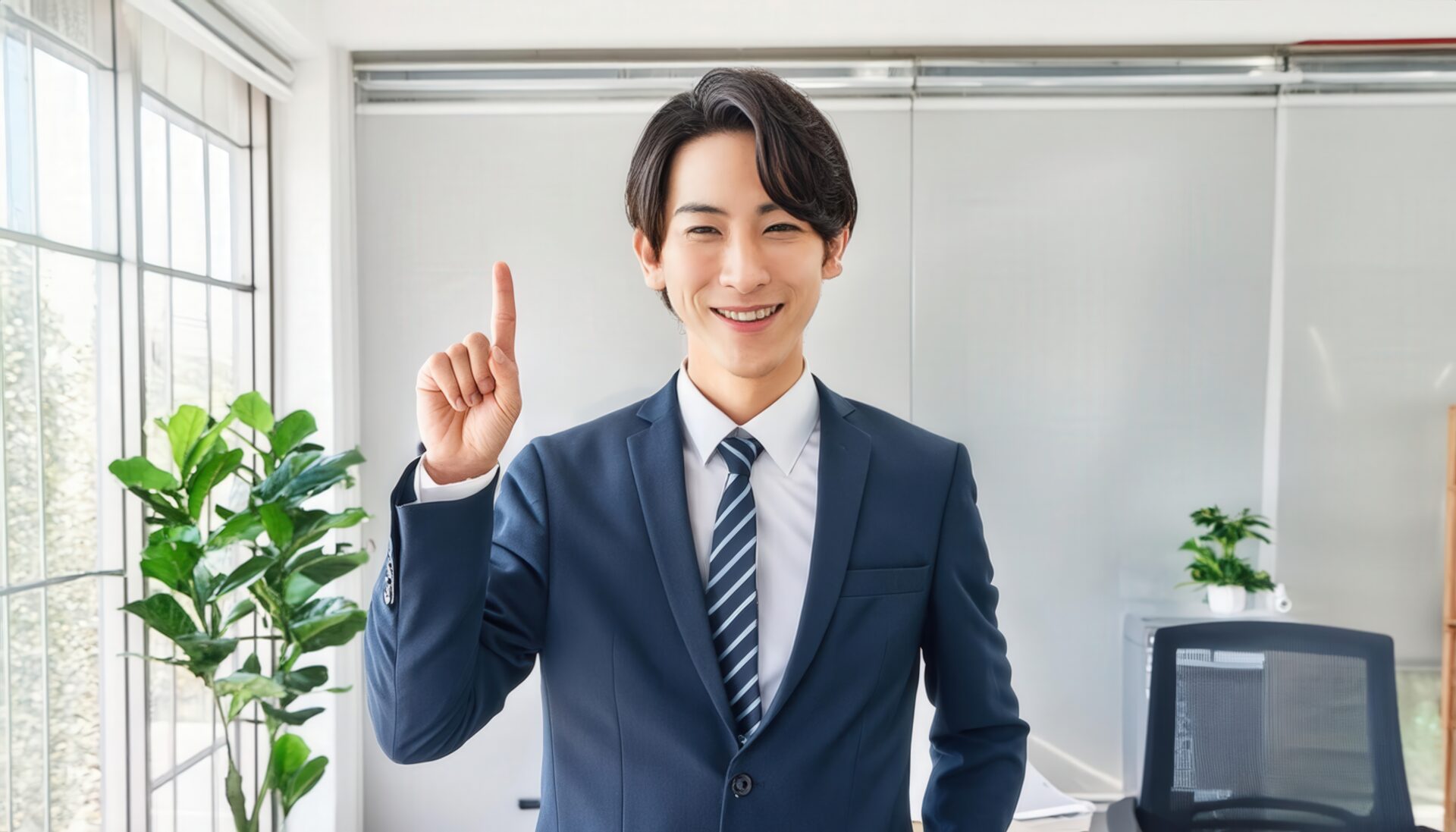 室内でスーツ姿の若い人が指をさす