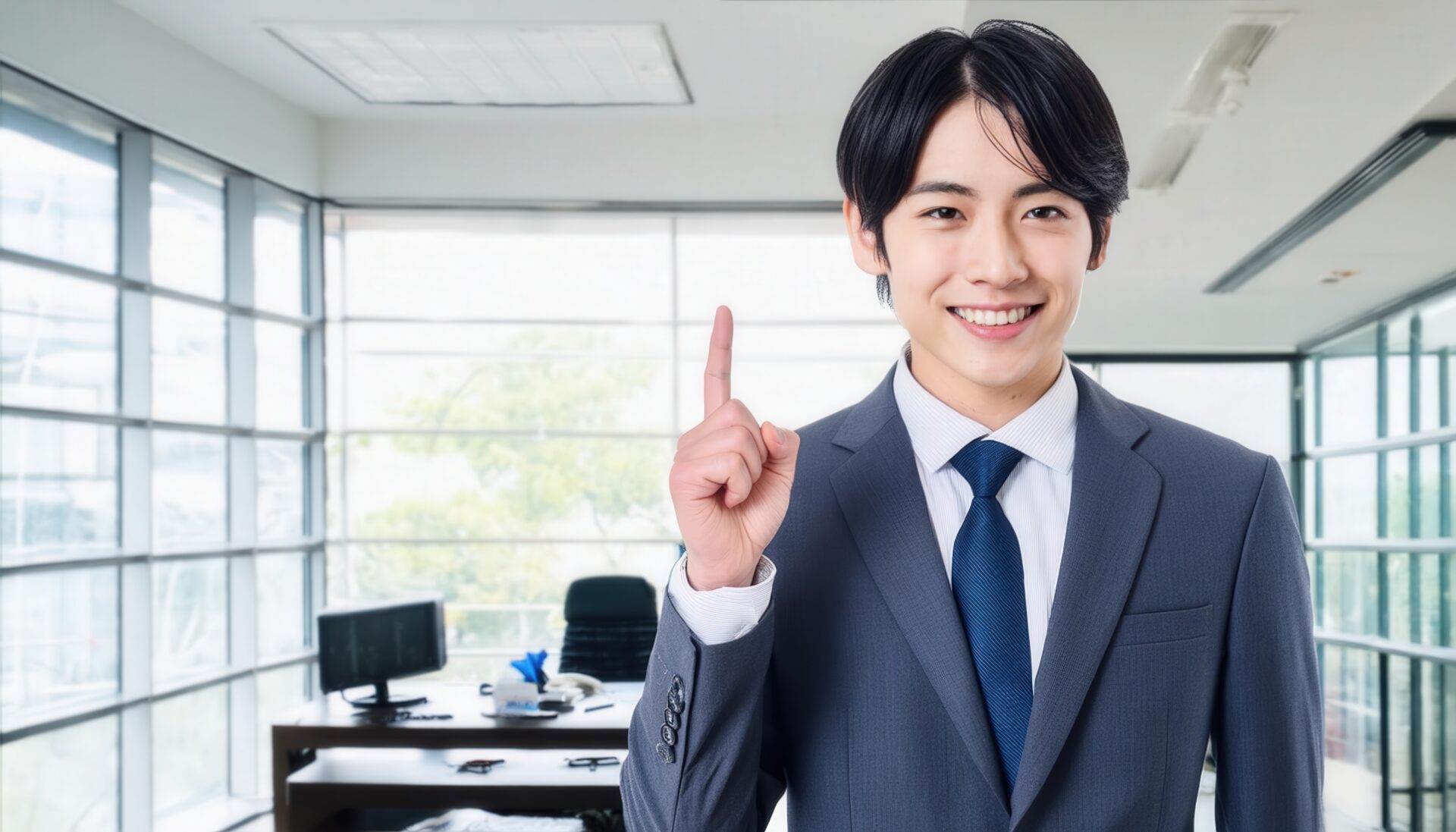 窓辺でスーツ姿の若い人が指をさす