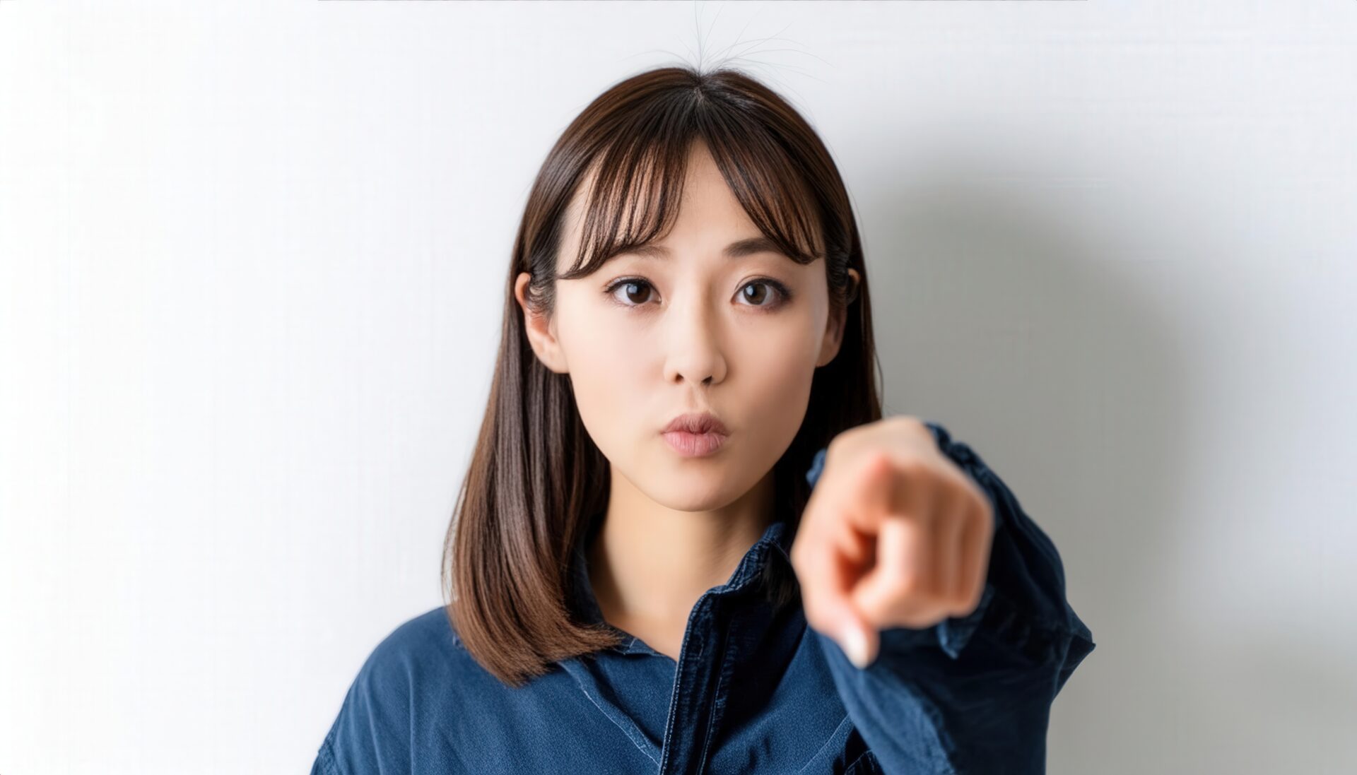 紺色のシャツを着た若い人が指をさす