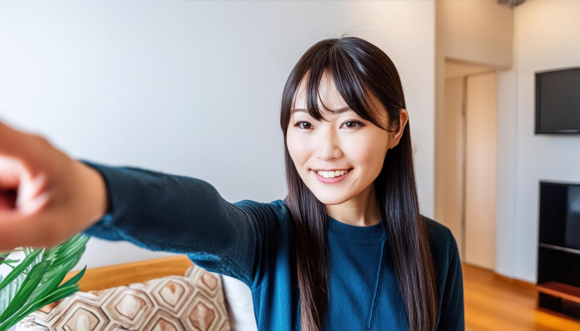 室内でネイビートップスを着た若い人が指をさす