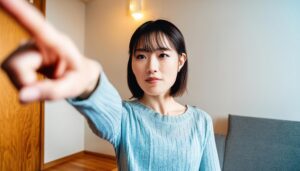 室内でライトブルーのトップスを着た若い人が指をさす