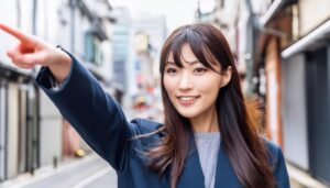 街中でネイビーのアウターを着た若い人が指をさす