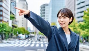 ストライプのジャケットを着た若い人が街中で指をさす