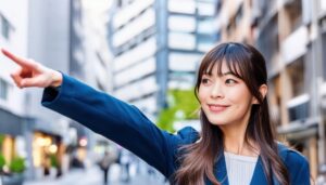 ネイビージャケットを着た若い人が街中で指をさす