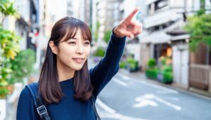 ネイビートップスを着た若い人が街中で指をさす