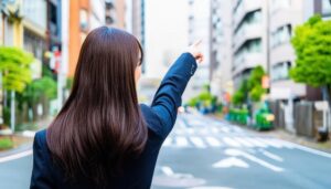 後ろ姿のスーツ姿の若い人が街中で指をさす