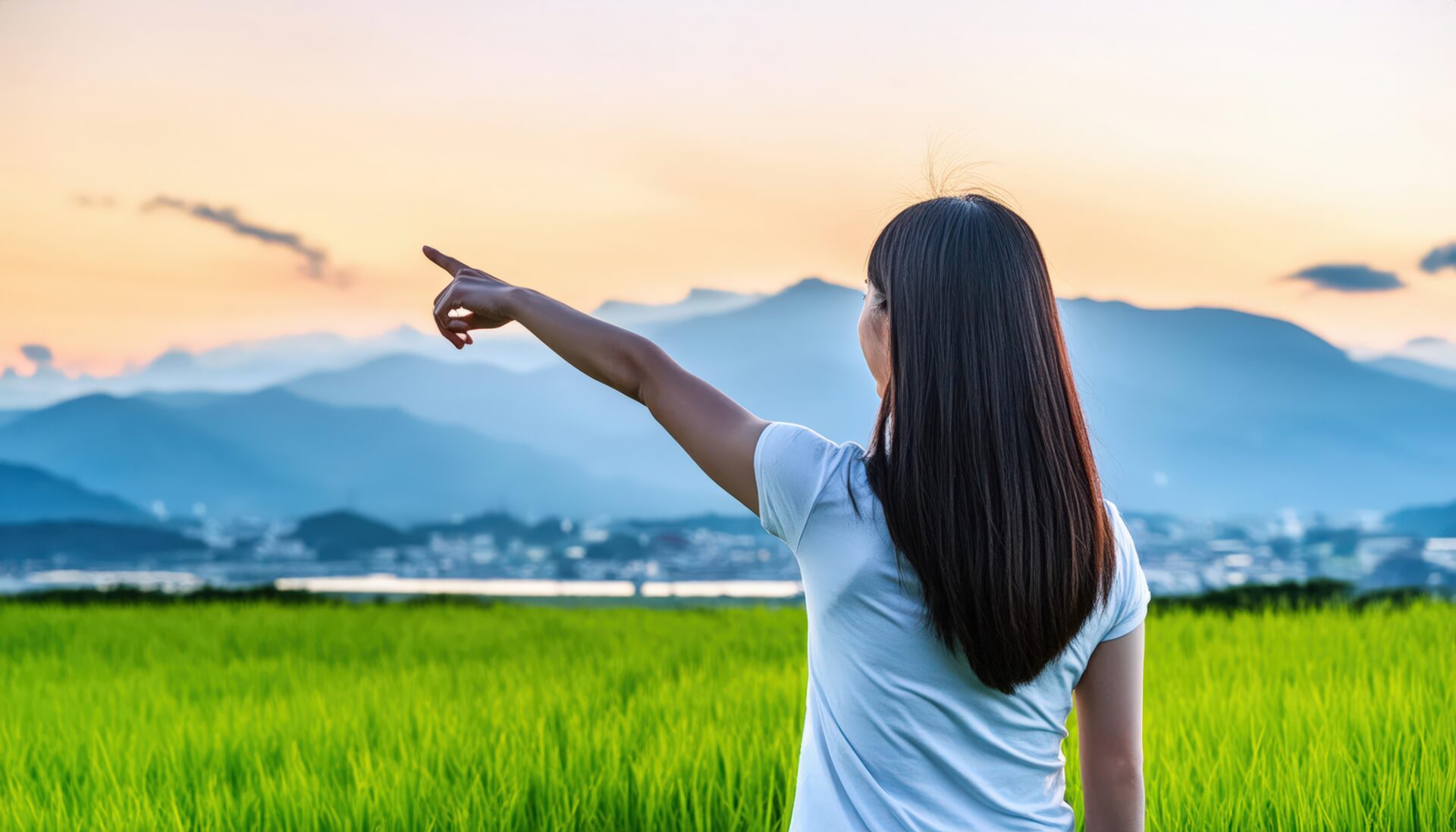 後ろ姿のTシャツを着た若い人が田園風景で指をさす