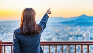 ネイビージャケットを着た後ろ姿の若い人が夕景を指す