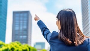 後ろ姿のスーツ姿の人が高層ビルを指す