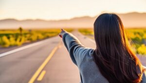 後ろ姿の人が夕暮れの道路を指す