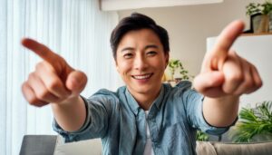 フォーマルなシャツを着た若い男性が斜め前を指さす