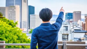 高層ビル街を背に指をさす後ろ姿の若い男性