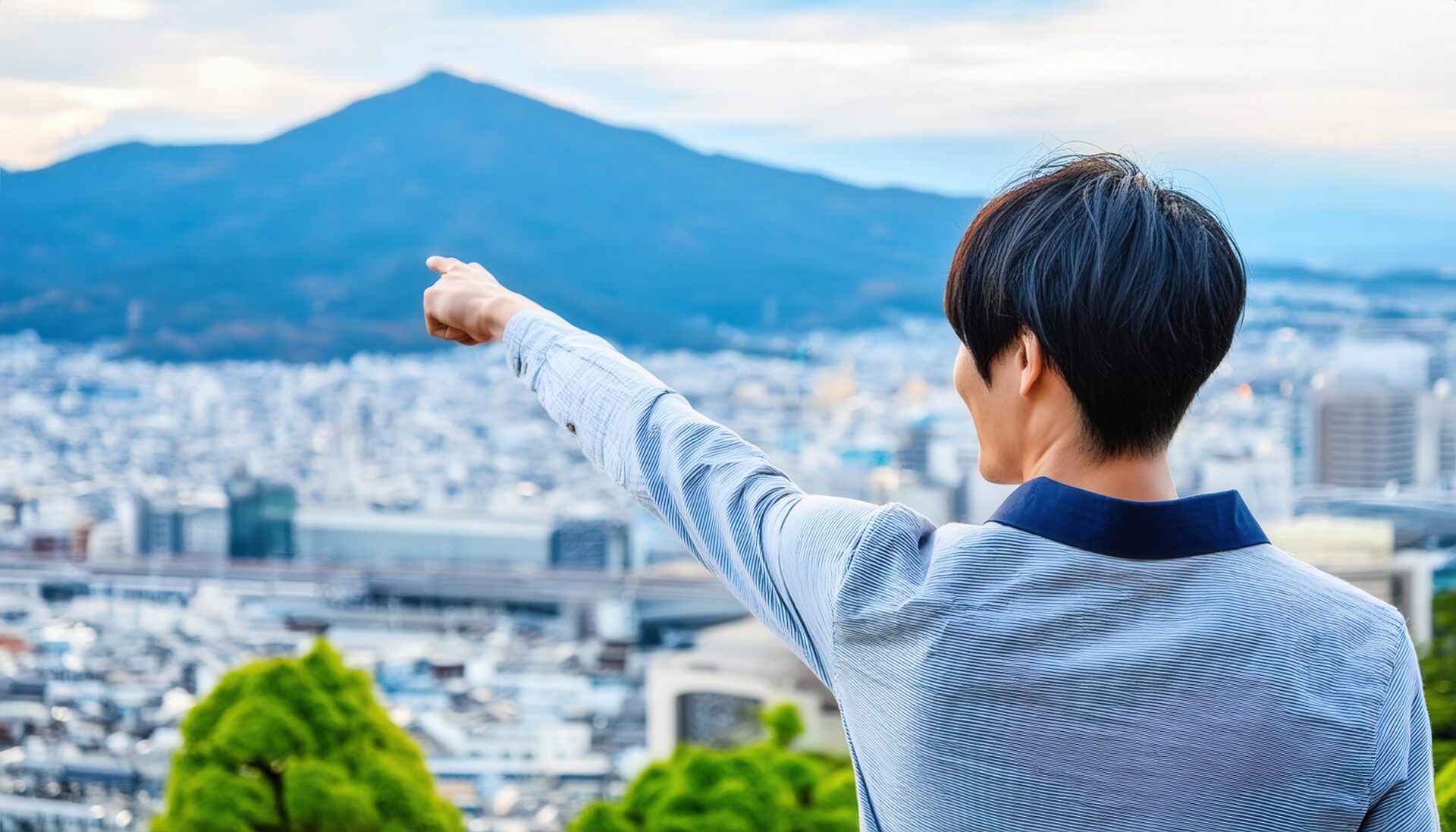 山と街並みを見下ろす高台で指をさす後ろ姿の若い男性