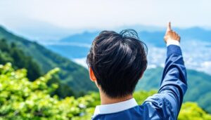 山の展望スポットで指をさす後ろ姿の若い男性