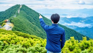 山頂付近で指をさす後ろ姿の若い男性