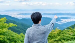 山の景色を背景に指をさす後ろ姿の若い男性