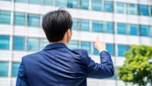 オフィスビルを背景に指をさす後ろ姿の若い男性