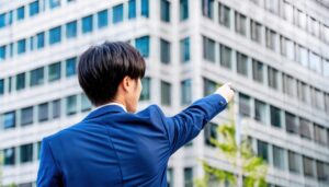 高層ビル群に向かって指をさす後ろ姿の若い男性
