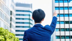都会のビルを見上げて指をさす後ろ姿の若い男性