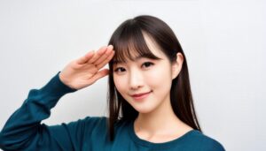 青系セーターで敬礼ポーズをする若い女性