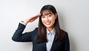ビジネススーツで敬礼ポーズをする若い女性