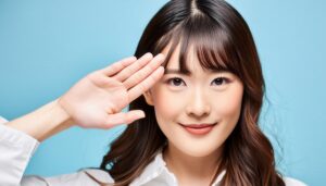 白シャツで敬礼ポーズをする若い女性(青背景)