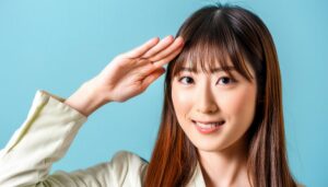 ライトジャケットで敬礼ポーズをする若い女性(青背景)