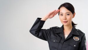 白背景で警備服姿で敬礼する人物