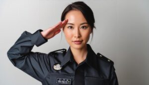 白背景で黒い警備服姿で敬礼する人物