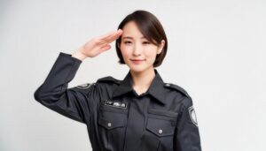 白背景でショートヘアの警備服姿で敬礼する人物