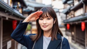 和風の街並みでジャケットを着て敬礼する人物